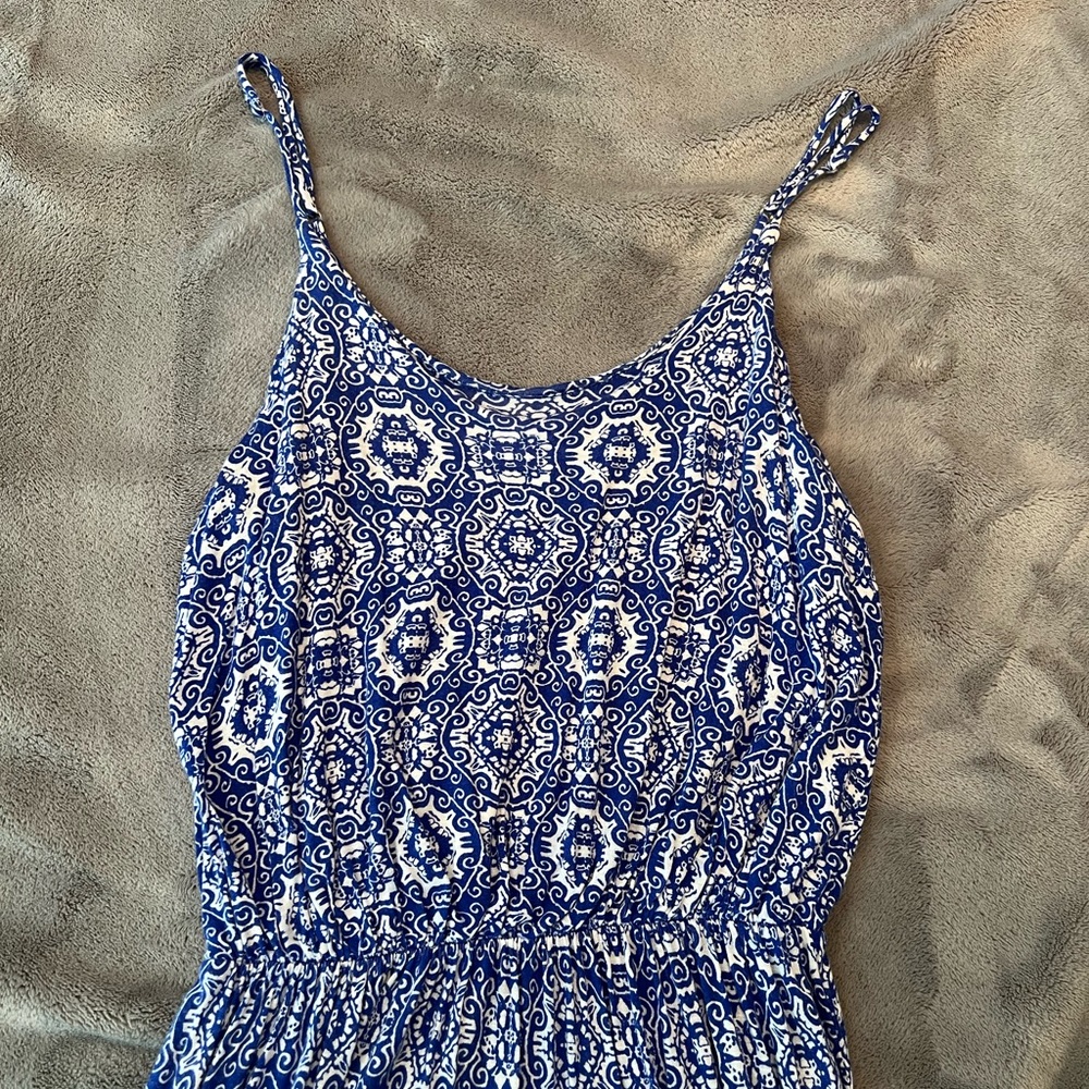 Blue and White Printed Spaghetti-Strap Dress